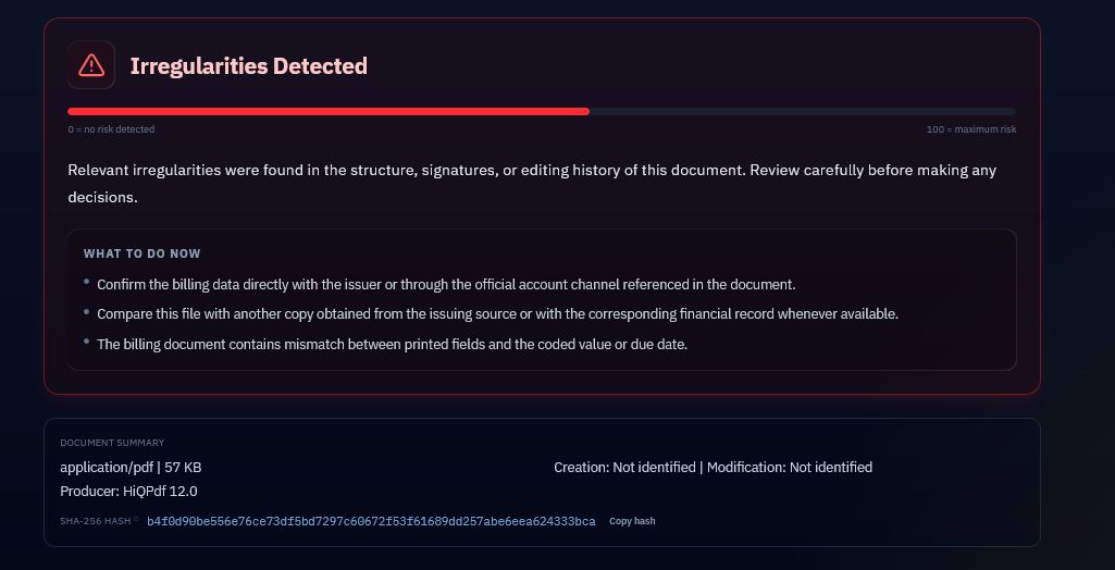 Tampered payment slip analysed by MetaScope: the verdict flags a divergence between the printed fields and the encoded amount|screenshot