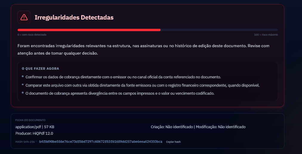 Boleto com valor adulterado analisado pelo MetaScope: o veredito acusa divergência entre os campos impressos e o valor codificado|screenshot