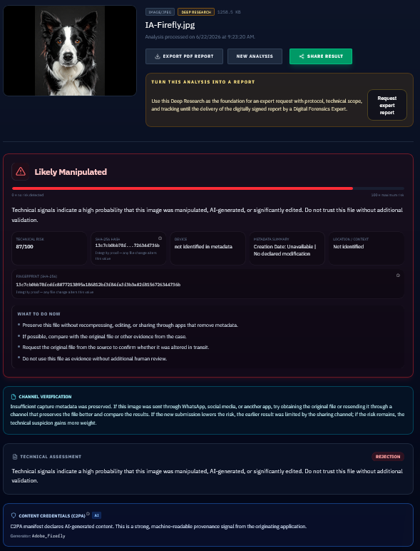 MetaScope analysis result: verdict Probable Manipulation, score 82/100, C2PA manifest with Adobe_Firefly generator confirmed|screenshot
