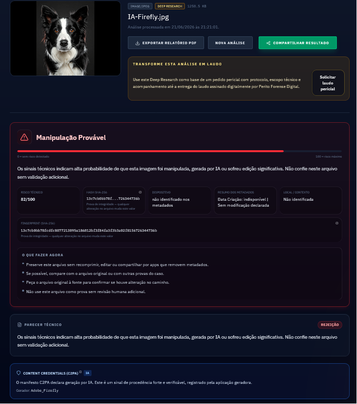 Resultado da análise no MetaScope: veredito Manipulação Provável, score 82/100, manifesto C2PA com gerador Adobe_Firefly confirmado|screenshot
